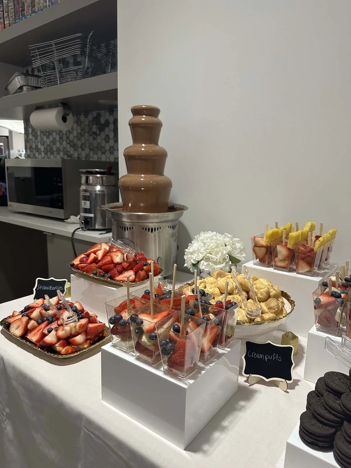 Chocolate fountains set up in a banquet hall
